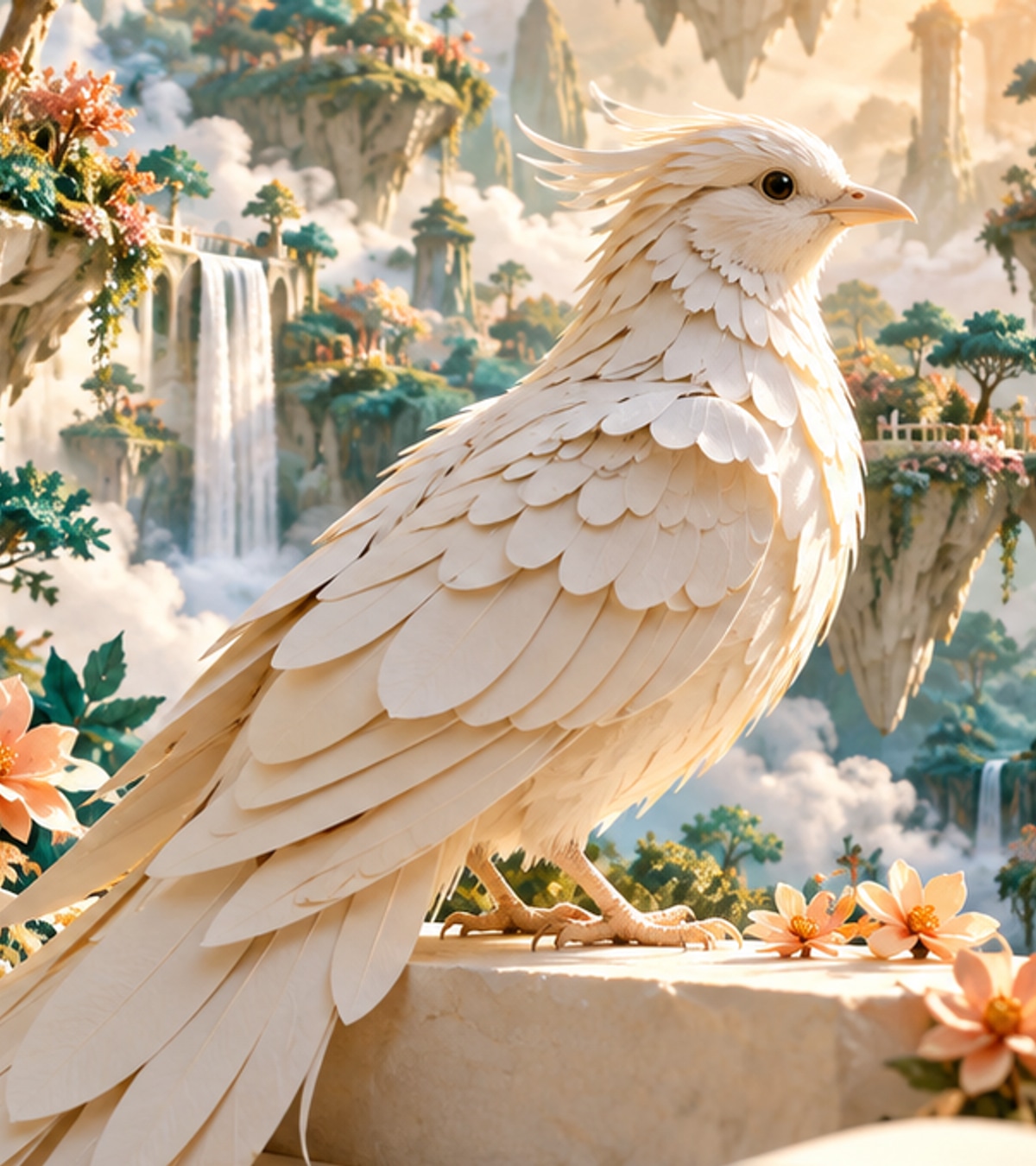 紙の鳥と植物の質感に近づいた制作画像