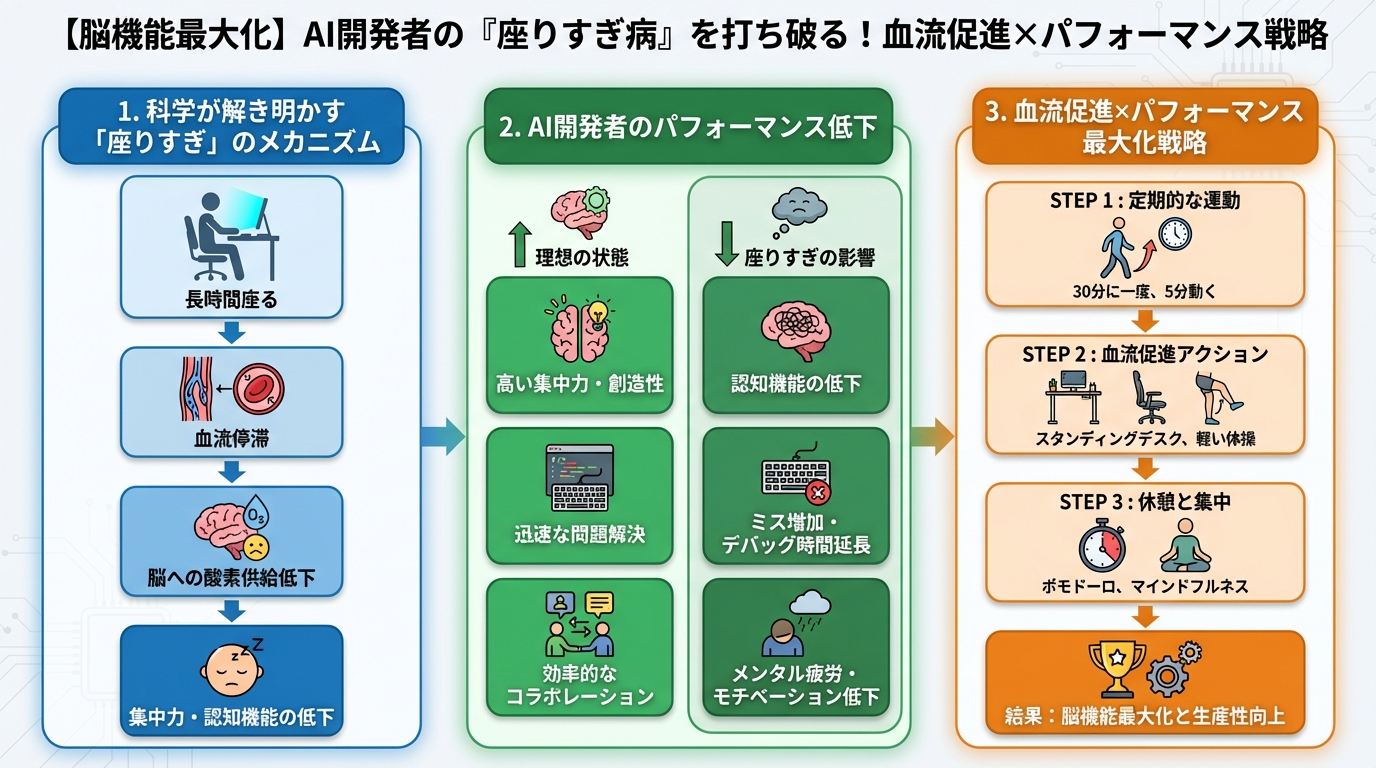 エンジニアの健康 科学が解き明かす「座りすぎ」のメカニズムとAI開発者のパフォーマンス低下
