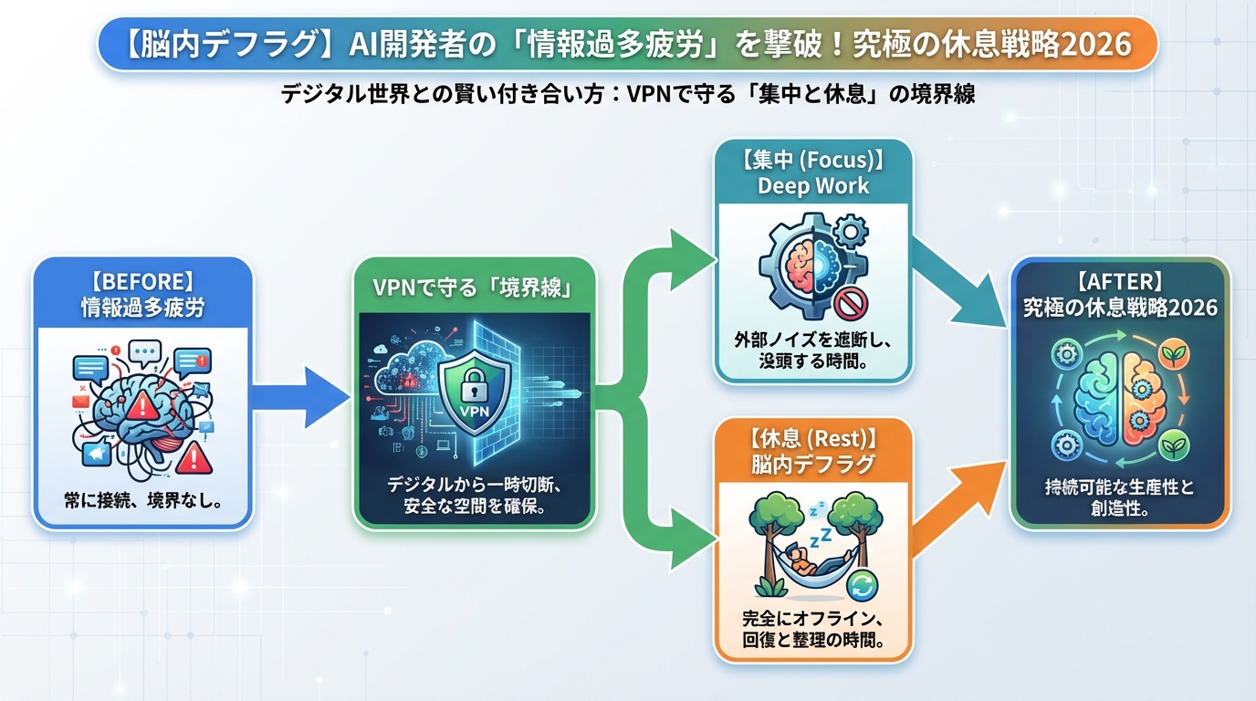 エンジニアの健康 デジタル世界との賢い付き合い方:VPNで守る「集中と休息」の境界線