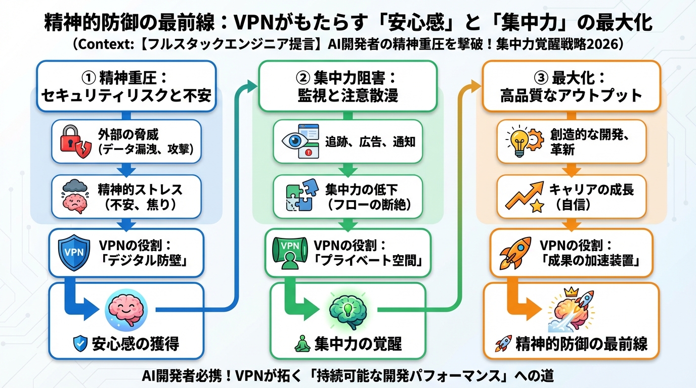 開発ツール 精神的防御の最前線:VPNがもたらす「安心感」と「集中力」の最大化