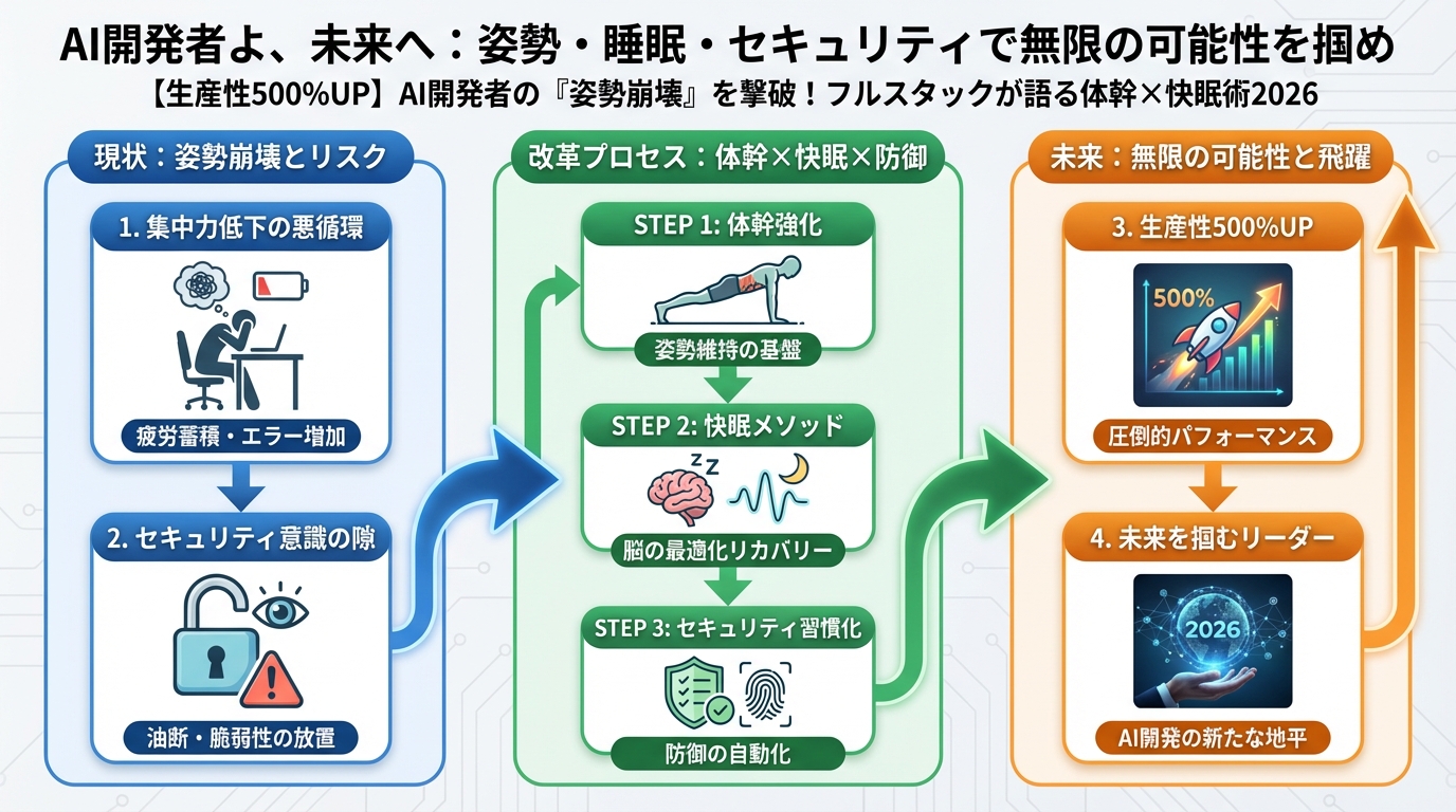プログラミング AI開発者よ、未来へ：姿勢・睡眠・セキュリティで無限の可能性を掴め