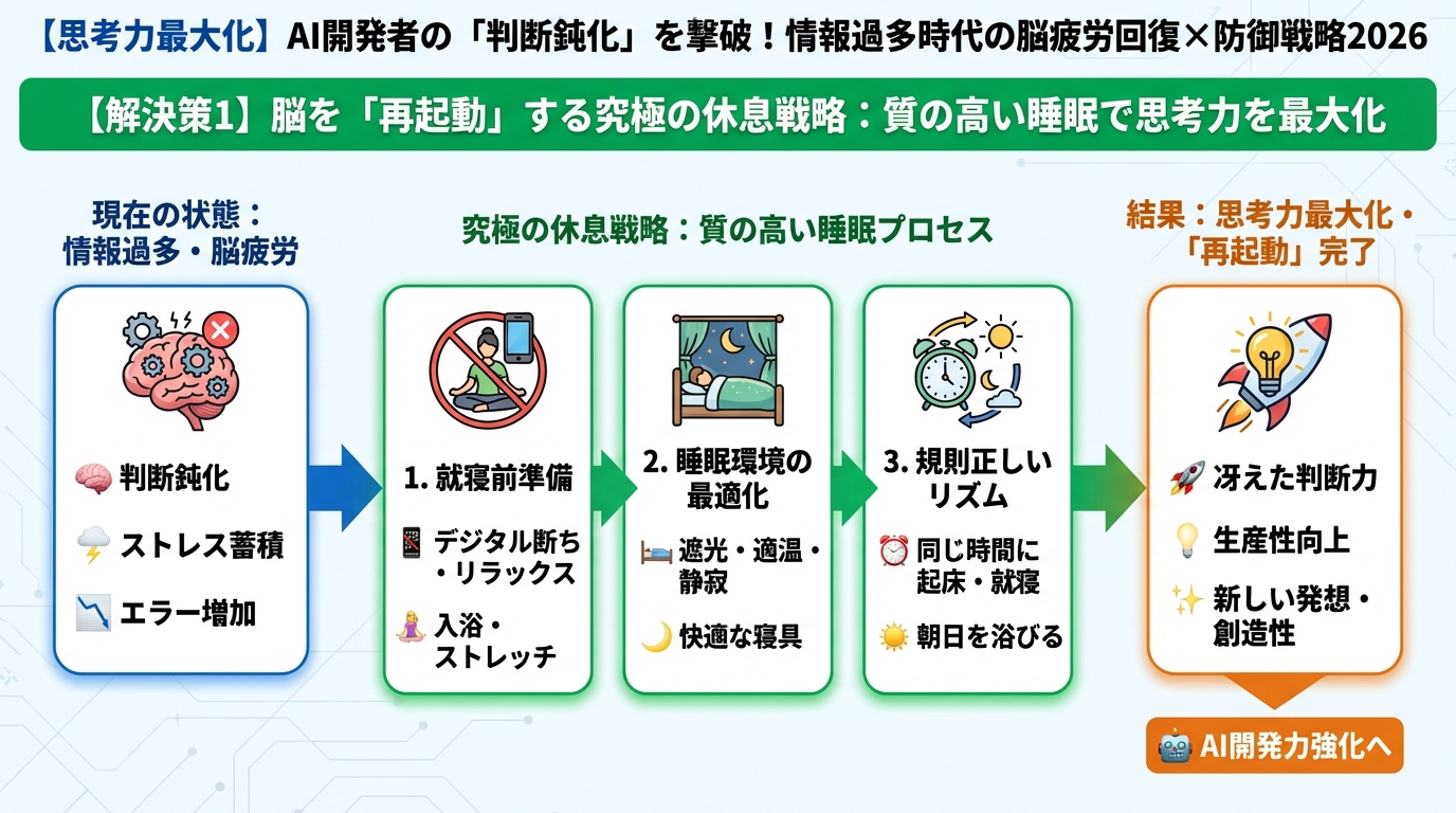 プログラミング 【解決策1】脳を「再起動」する究極の休息戦略:質の高い睡眠で思考力を最大化