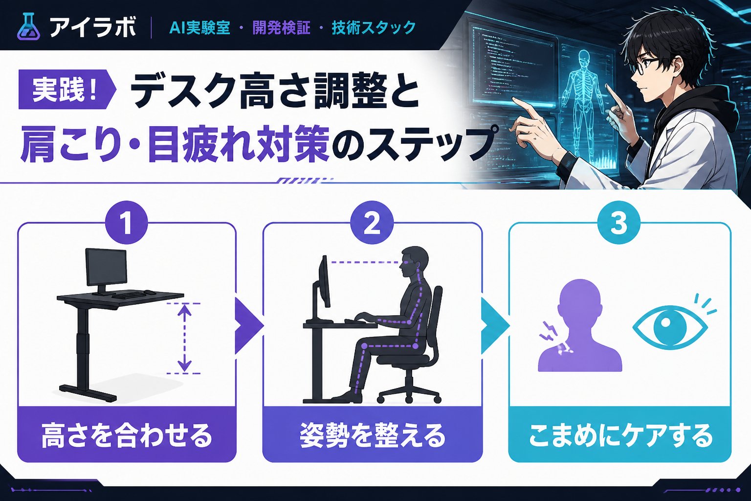 エンジニアの健康 実践！デスク高さ調整と肩こり・目疲れ対策のステップ