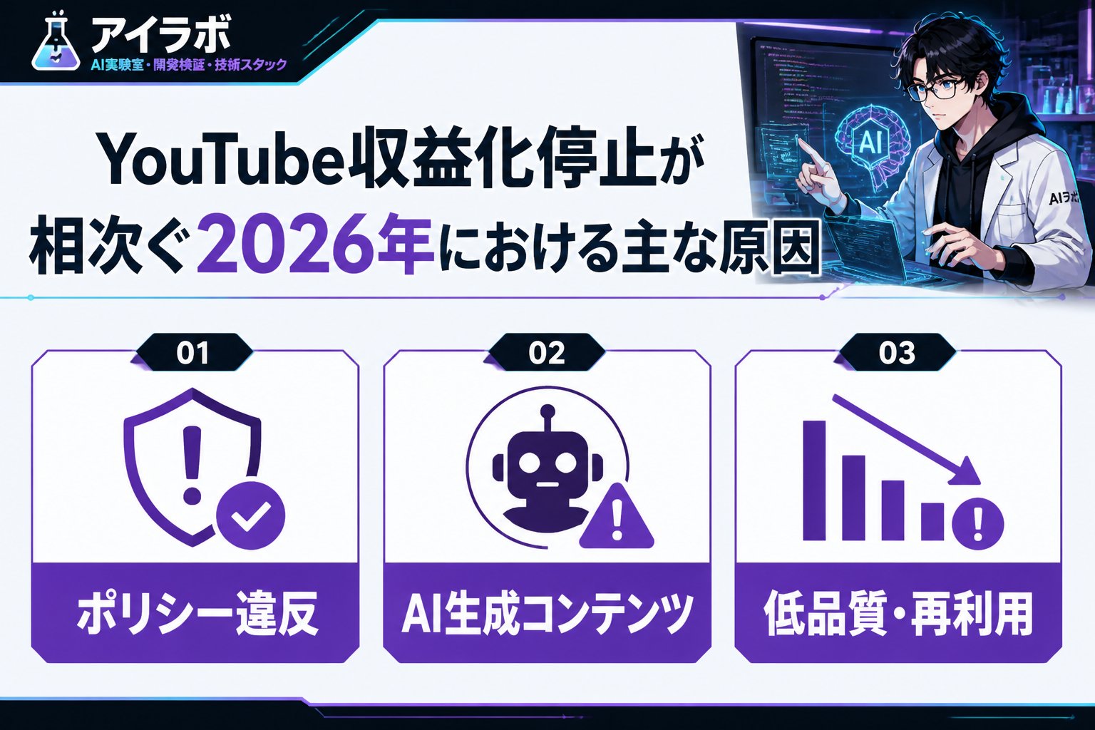 AI活用 youtube収益化停止が相次ぐ2026年における主な原因